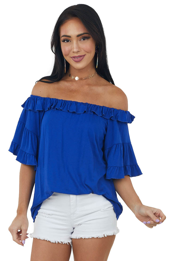 Royal Blue Ruffle Off Shoulder Knit Top