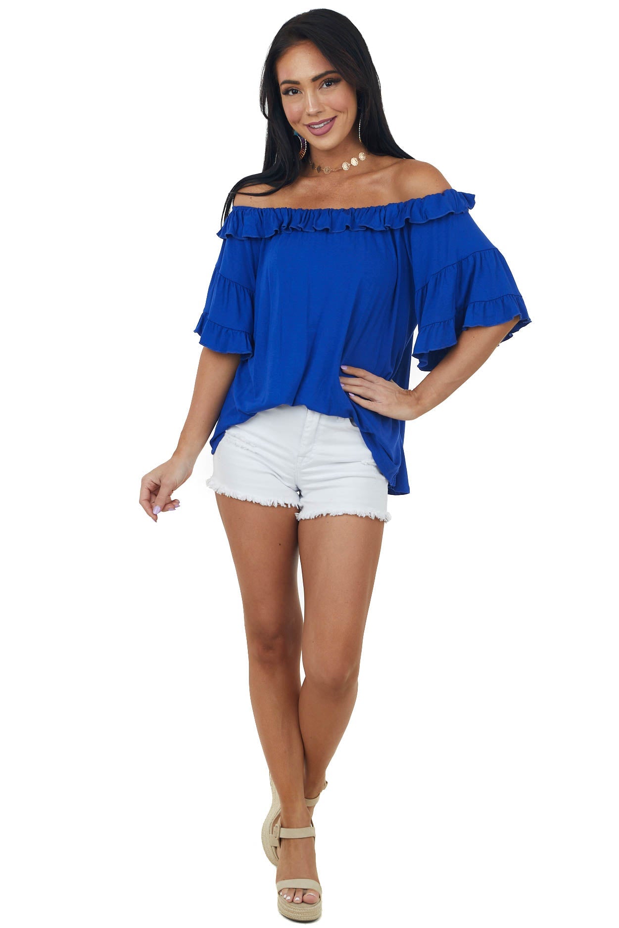 Royal Blue Ruffle Off Shoulder Knit Top