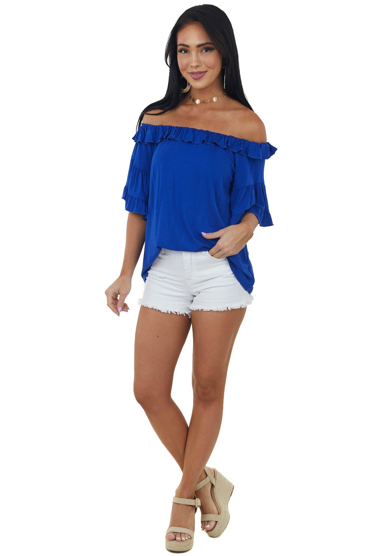 Royal Blue Ruffle Off Shoulder Knit Top
