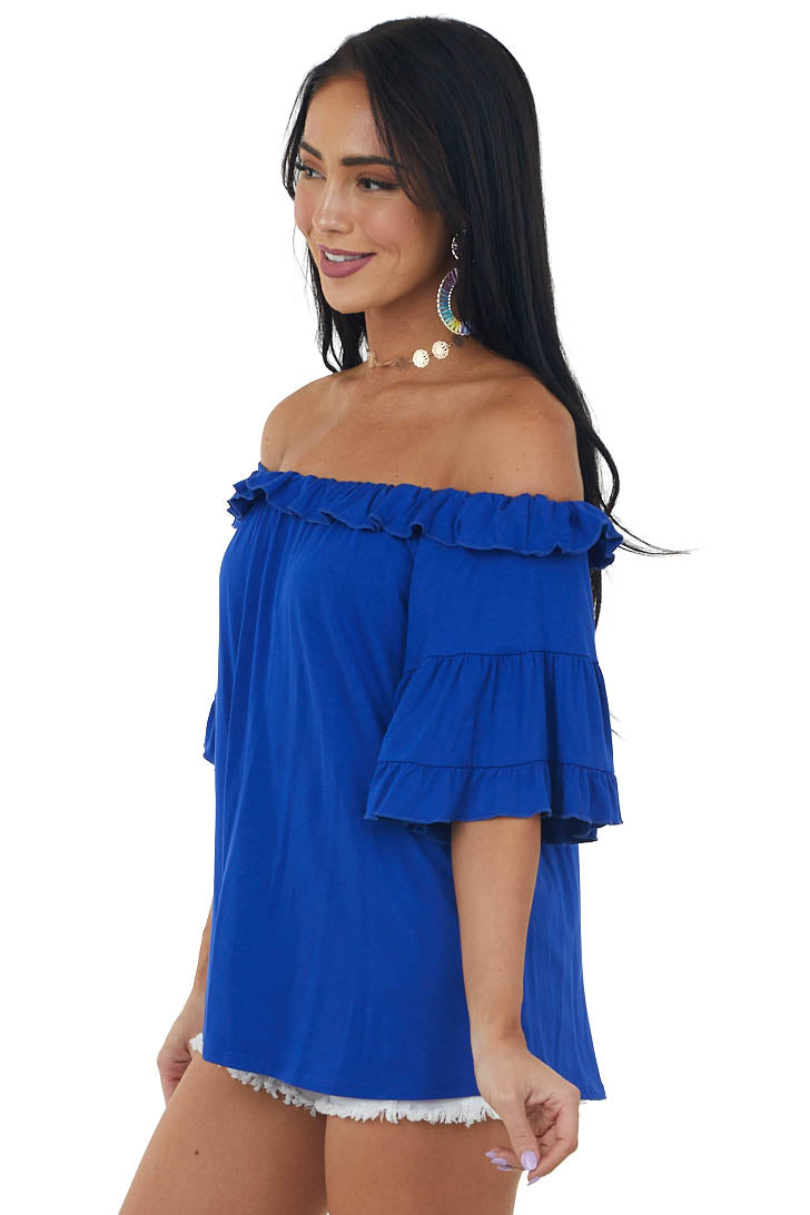 Royal Blue Ruffle Off Shoulder Knit Top