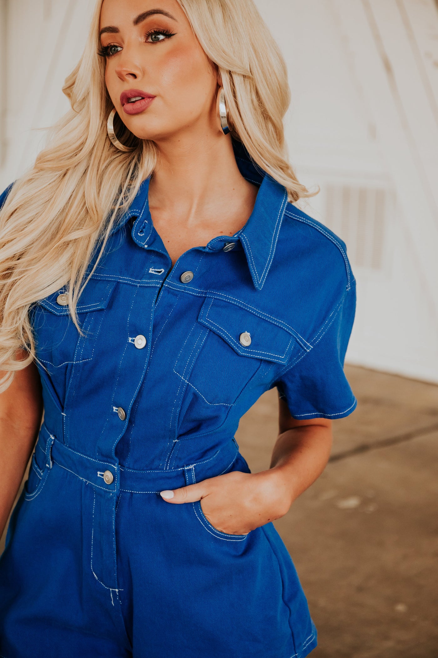 Royal Blue Short Sleeve Denim Romper
