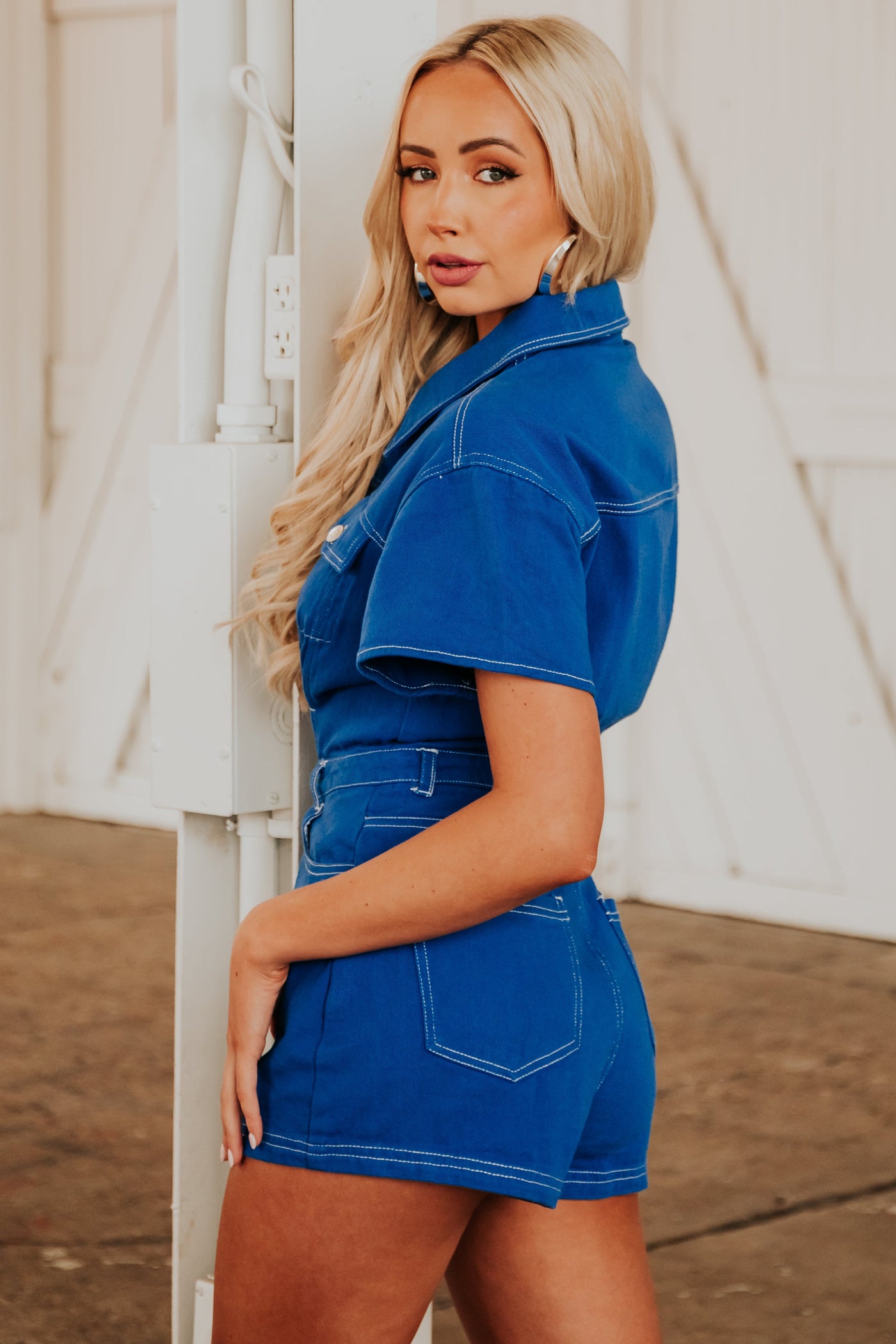 Royal Blue Short Sleeve Denim Romper