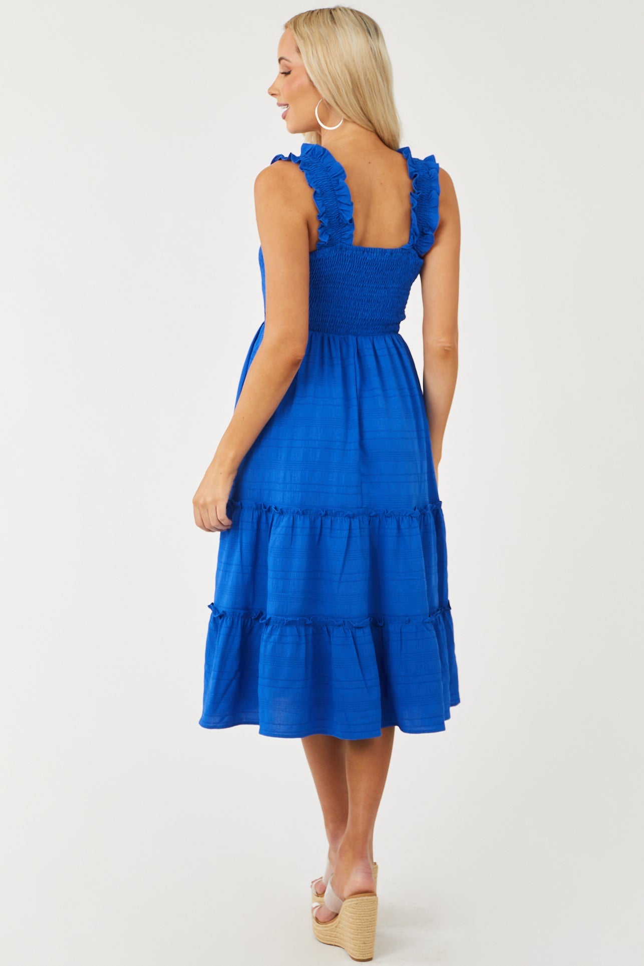 Royal Blue Smocked Ruffle Strap Tiered Midi Dress
