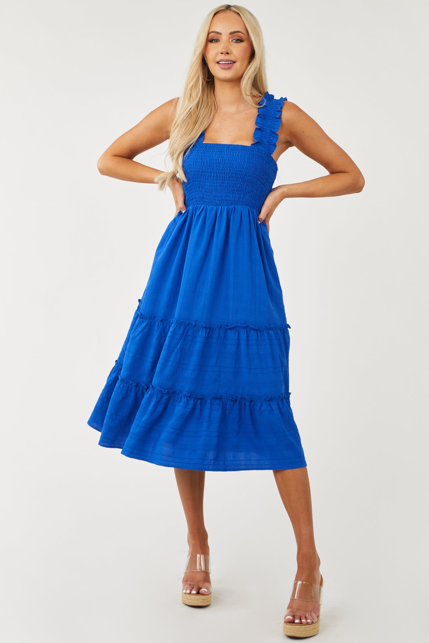 Royal Blue Smocked Ruffle Strap Tiered Midi Dress