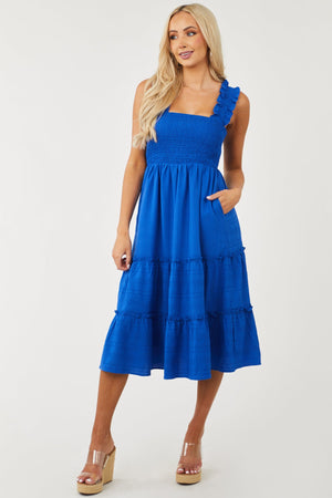 Royal Blue Smocked Ruffle Strap Tiered Midi Dress