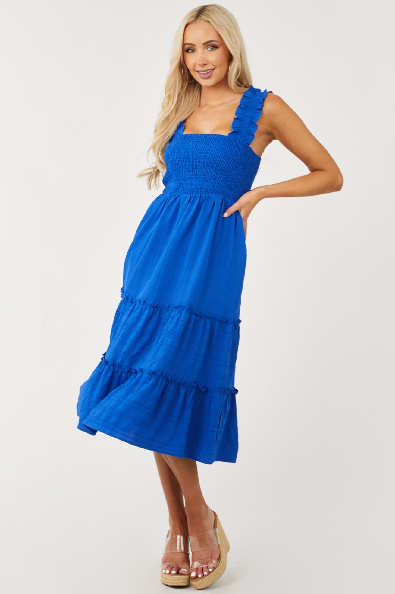 Royal Blue Smocked Ruffle Strap Tiered Midi Dress
