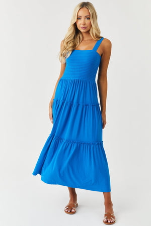 Royal Blue Smocked Sleeveless Tiered Midi Dress