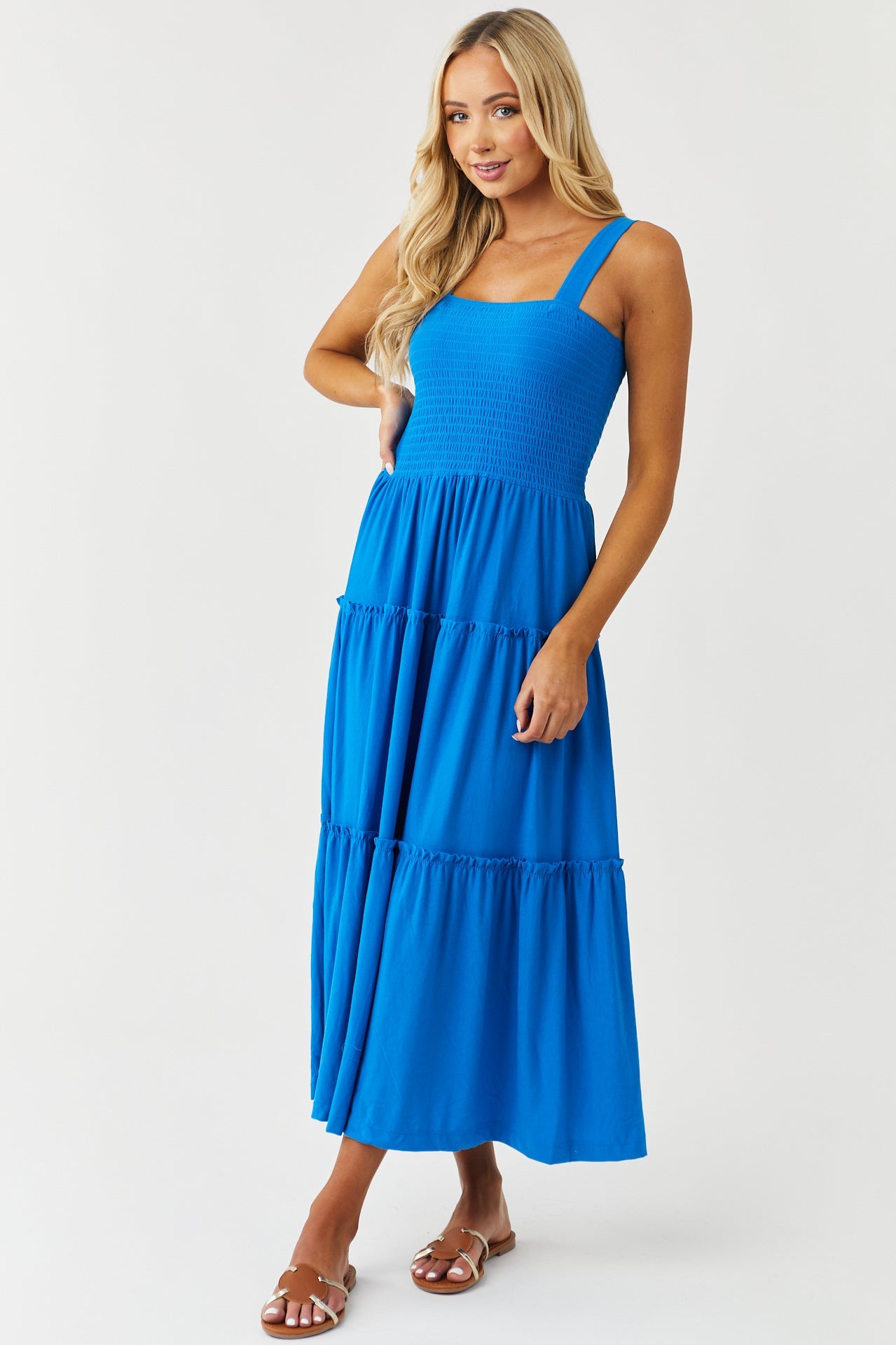 Royal Blue Smocked Sleeveless Tiered Midi Dress