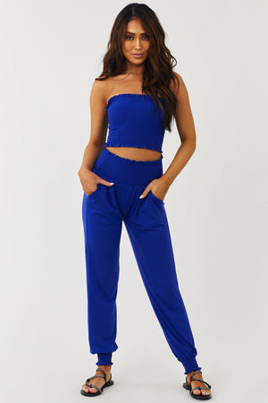 Royal Blue Smocked Strapless Top and Jogger Set