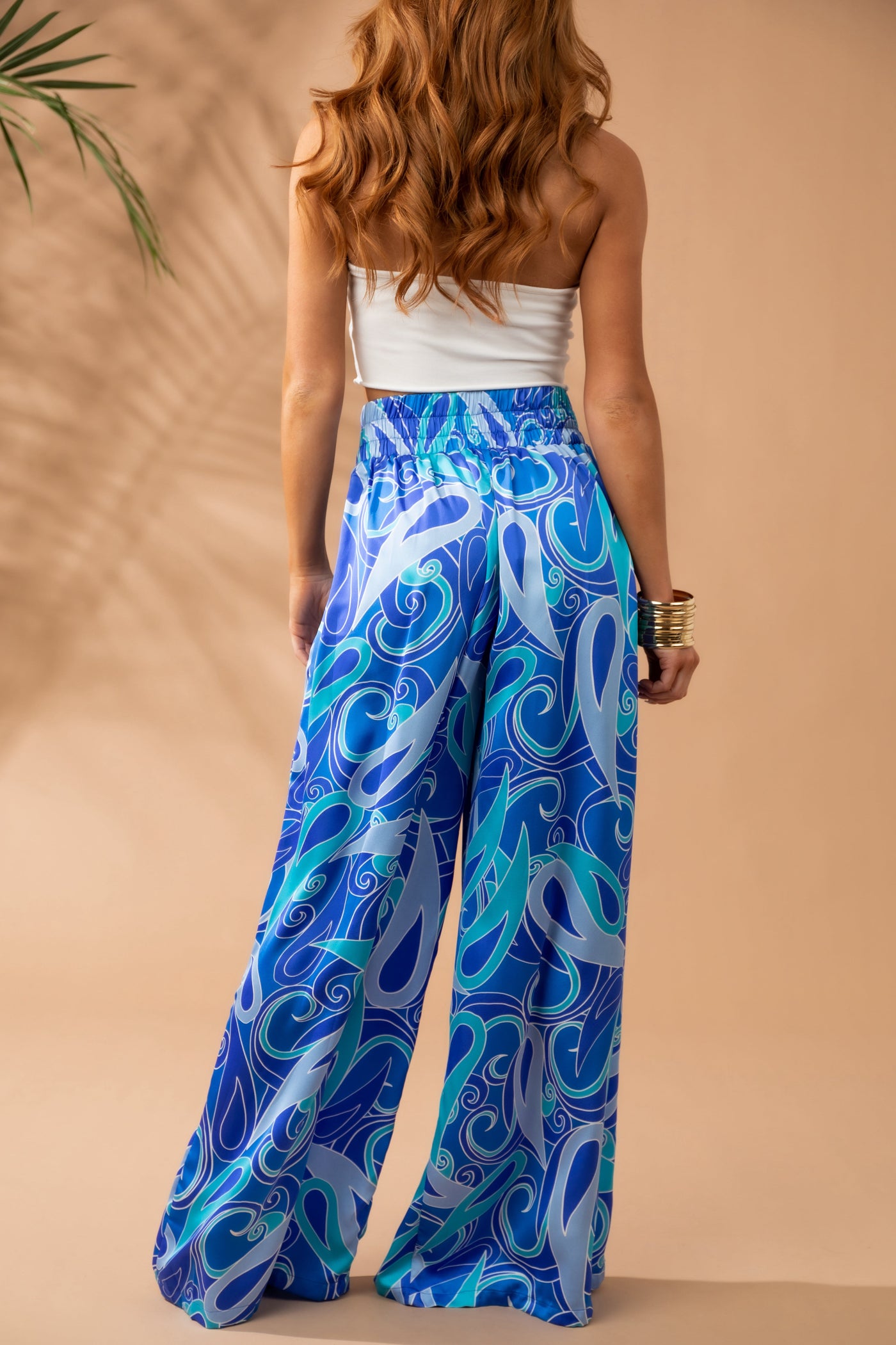 Royal Blue Swirl Print Wide Leg Satin Pants