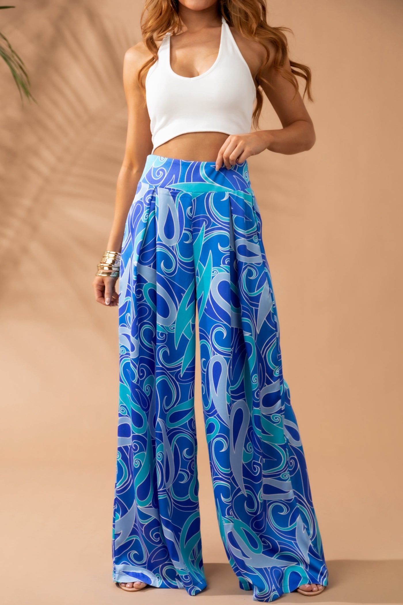 Royal Blue Swirl Print Wide Leg Satin Pants