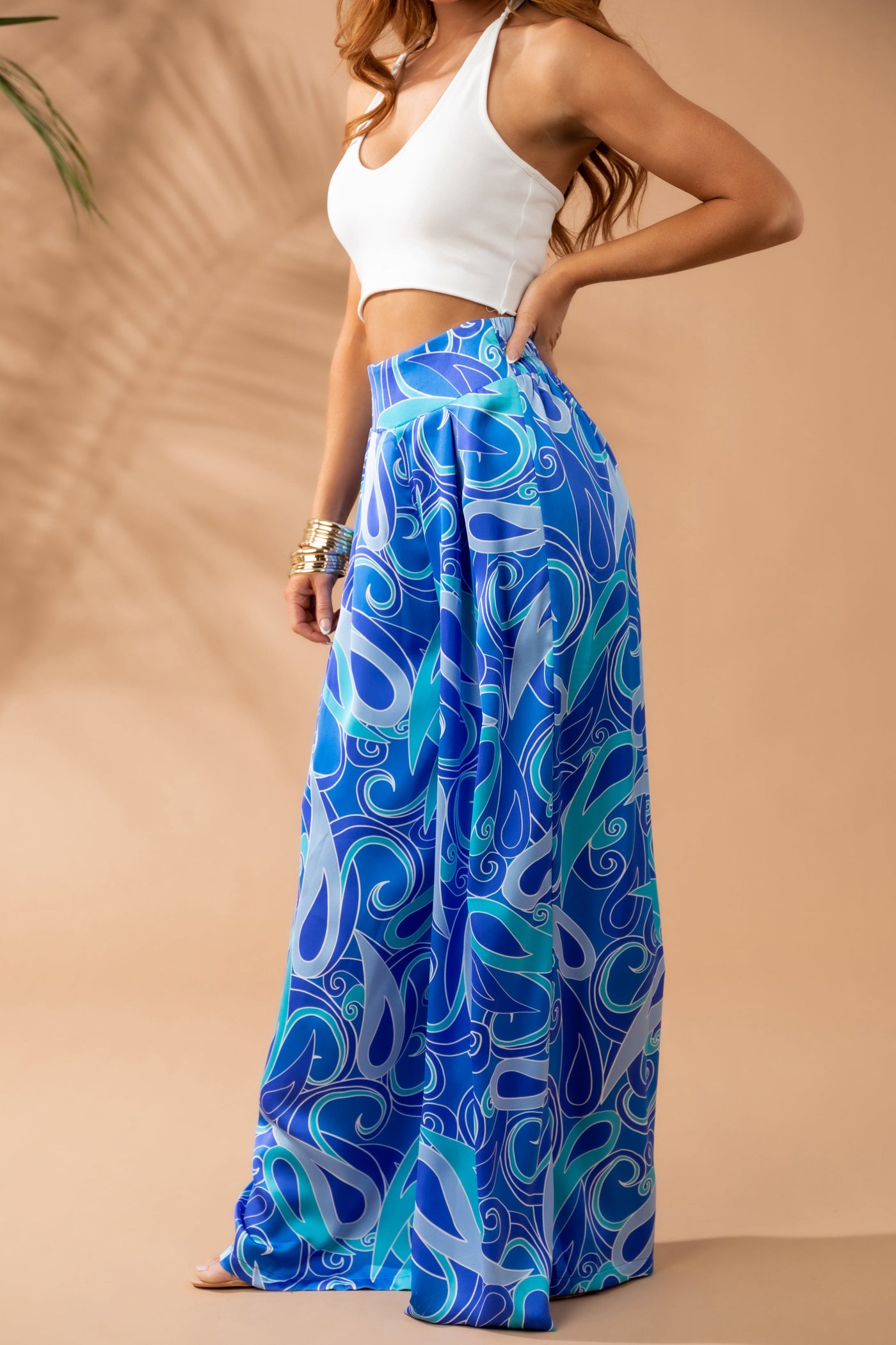Royal Blue Swirl Print Wide Leg Satin Pants