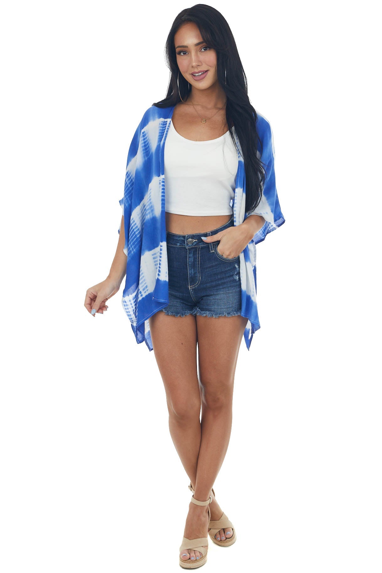 Royal Blue Tie Dye Striped Woven Kimono with Side Slits