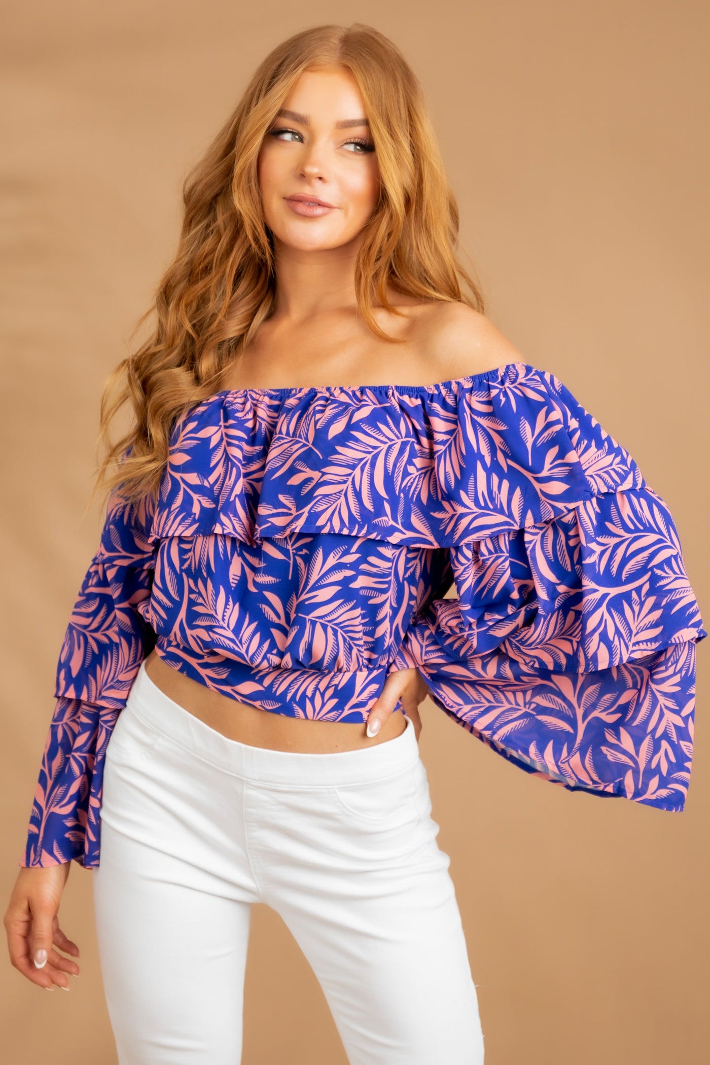 Royal Blue Tropical Print Off Shoulder Blouse