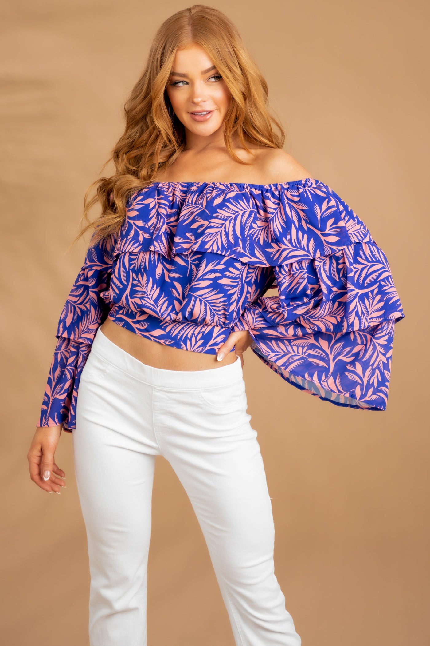 Royal Blue Tropical Print Off Shoulder Blouse