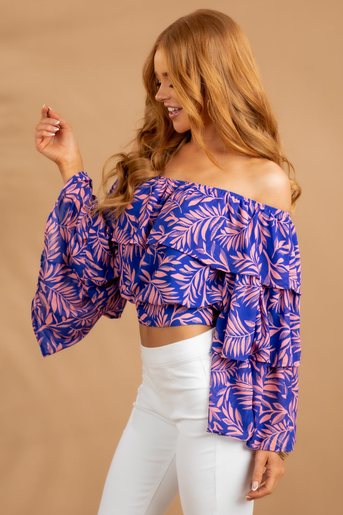 Royal Blue Tropical Print Off Shoulder Blouse