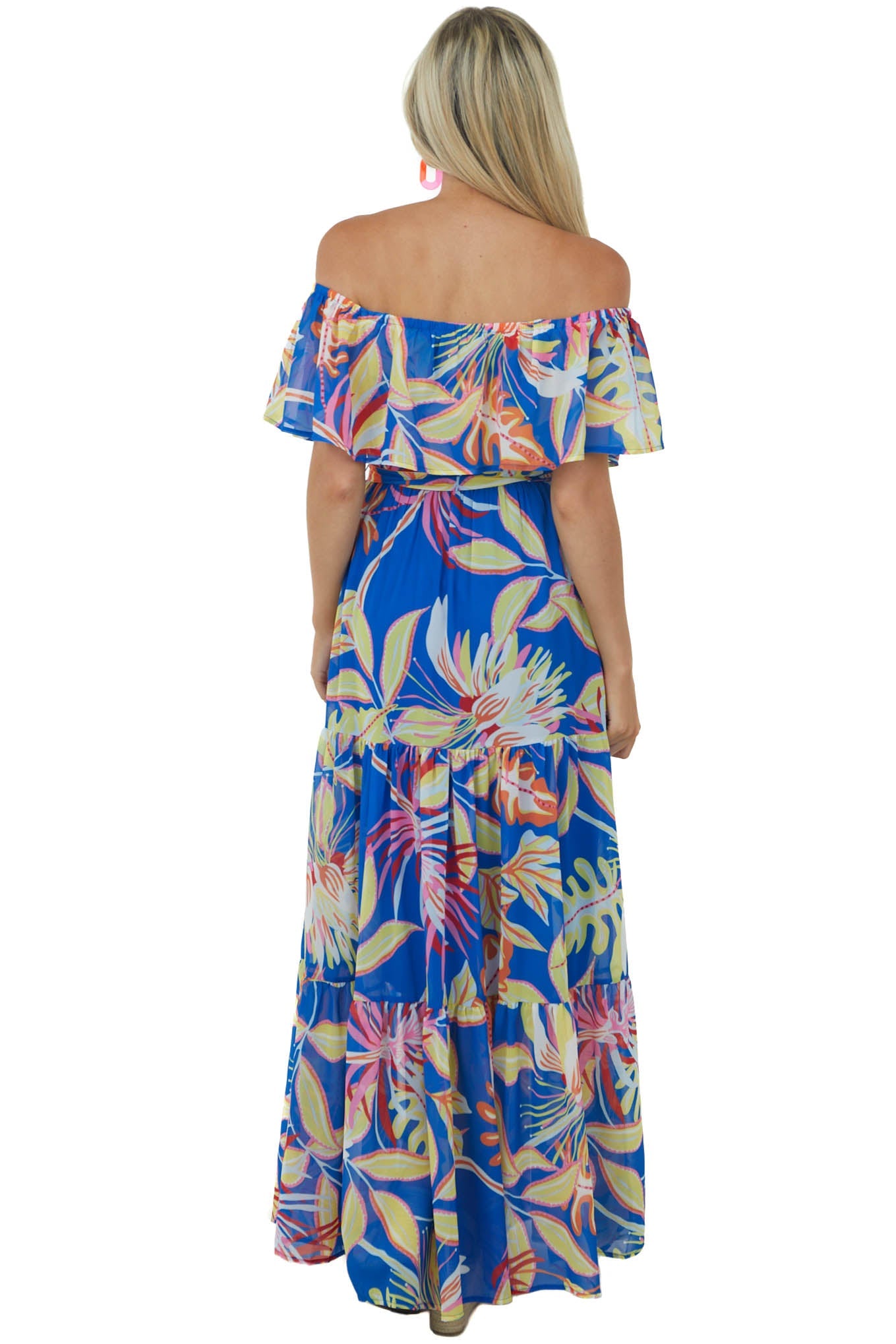 Royal Blue Tropical Print Off Shoulder Maxi Dress