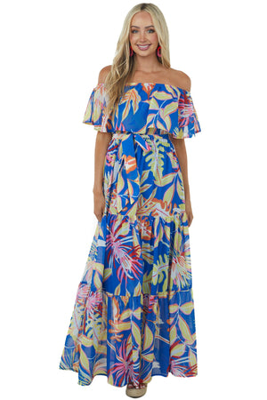 Royal Blue Tropical Print Off Shoulder Maxi Dress