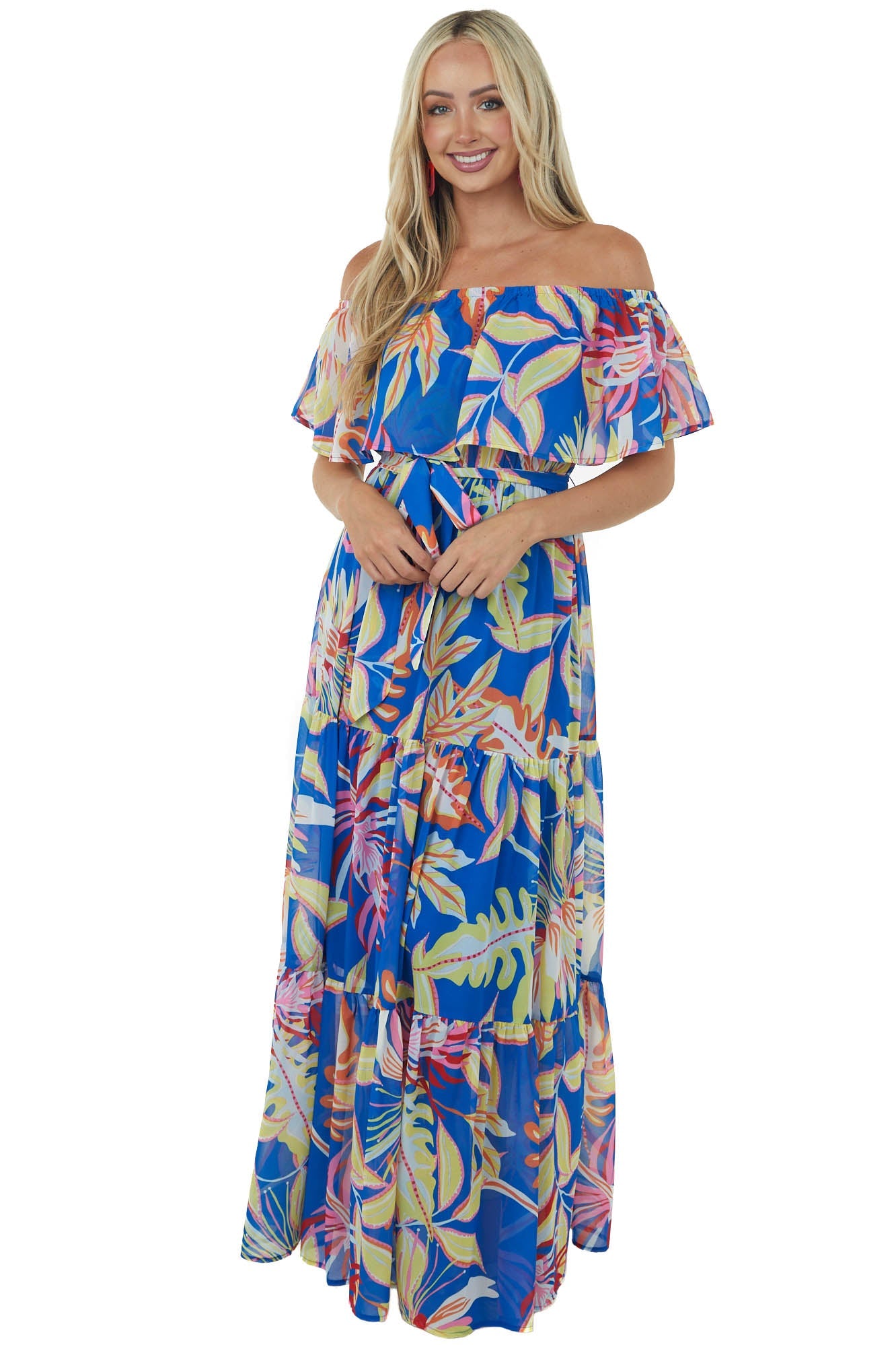 Royal Blue Tropical Print Off Shoulder Maxi Dress