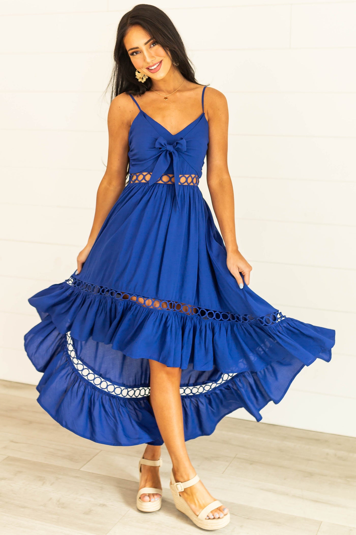 Royal Blue High Low Midi Dress with Tie and Peekaboo Details