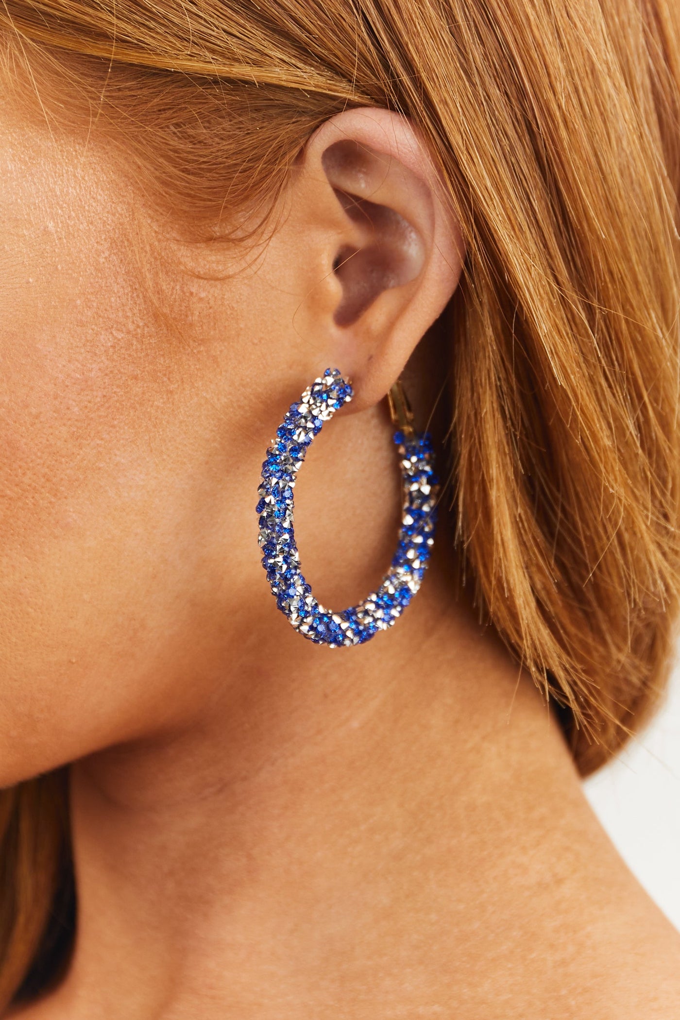 Royal Blue Rhinestone Studded Hoop Earrings