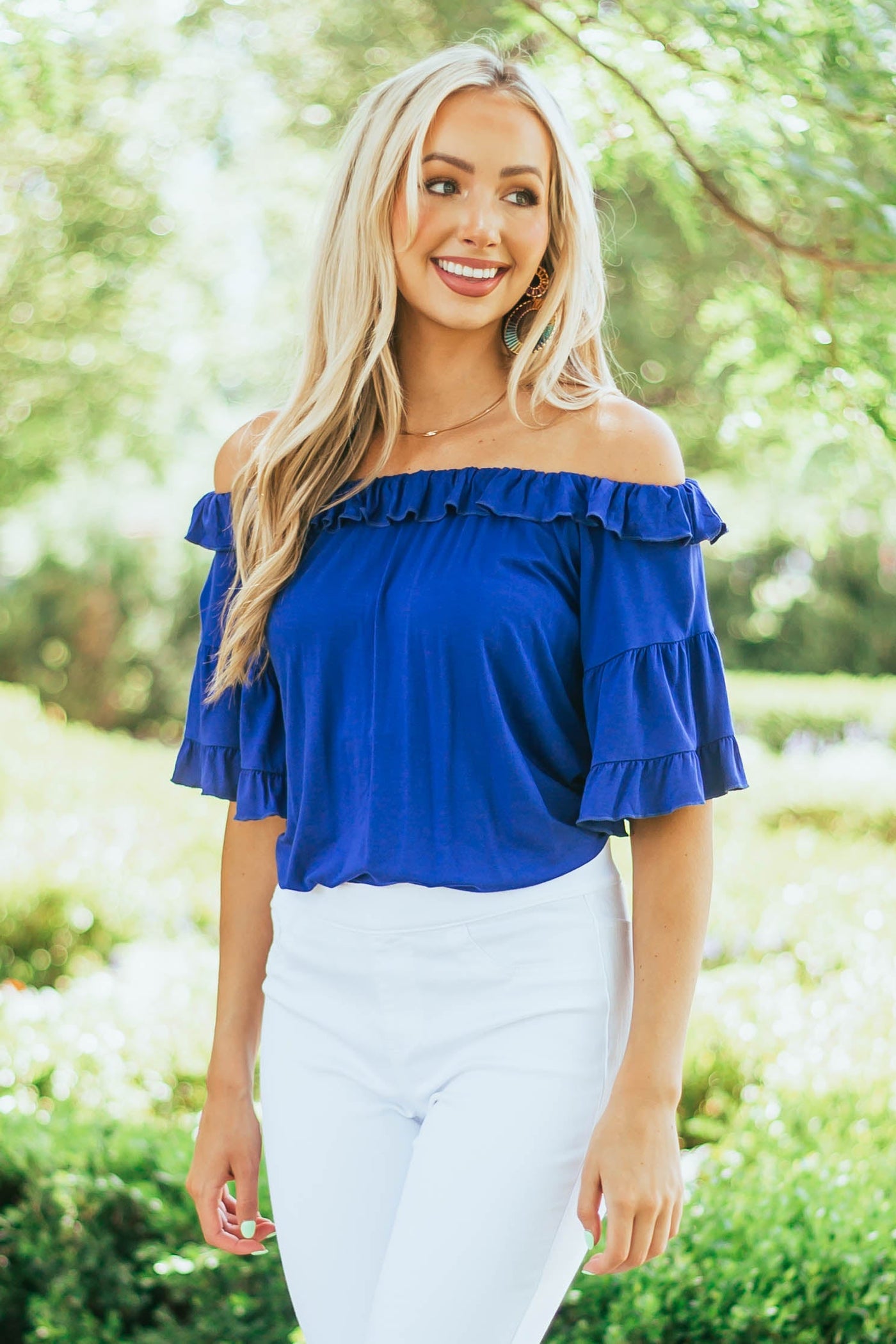 Royal Blue Ruffle Off Shoulder Knit Top