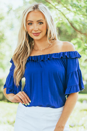 Royal Blue Ruffle Off Shoulder Knit Top