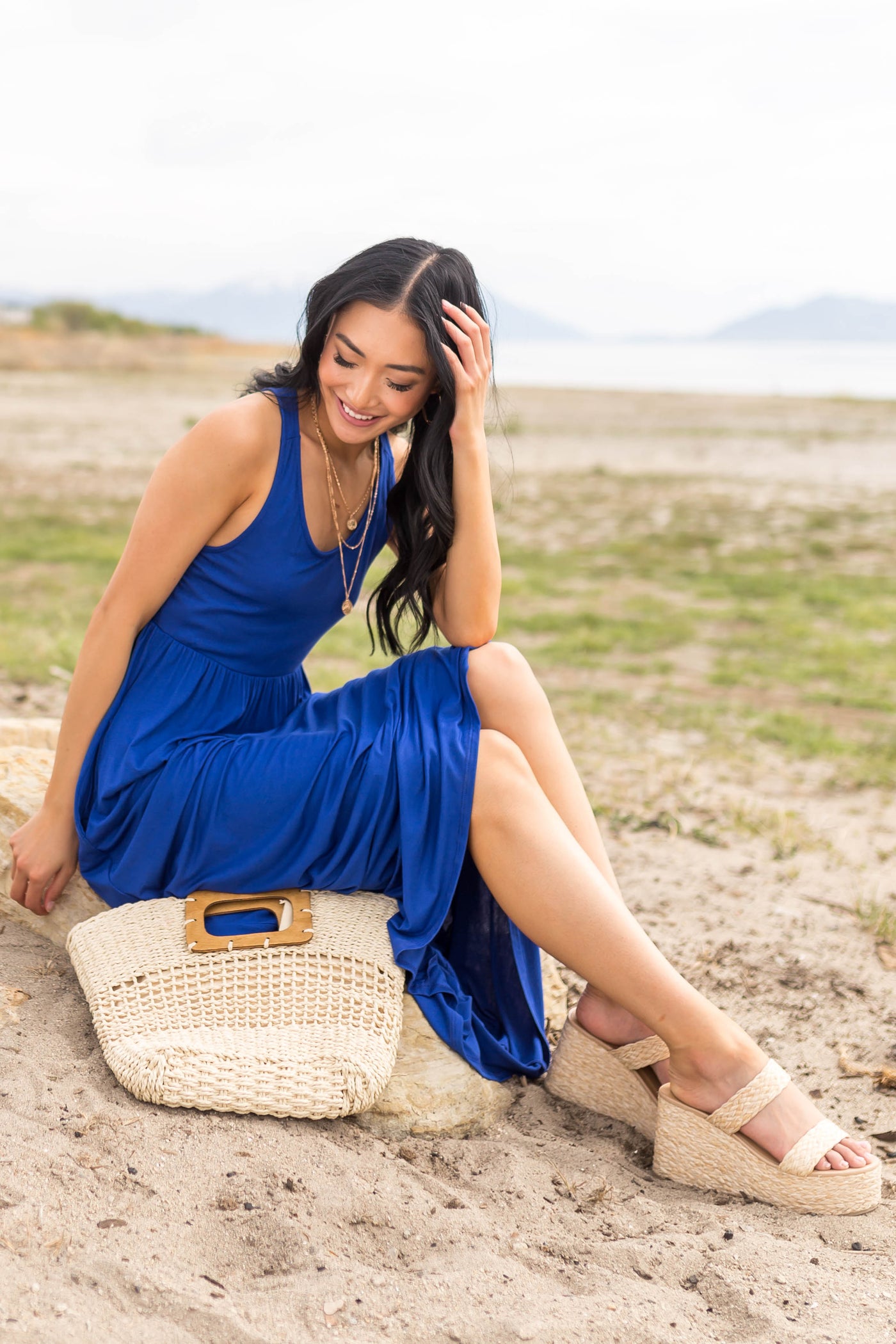 Royal Blue Sleeveless Babydoll Knit Maxi Dress