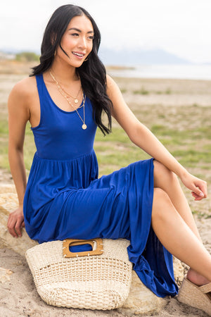 Royal Blue Sleeveless Babydoll Knit Maxi Dress