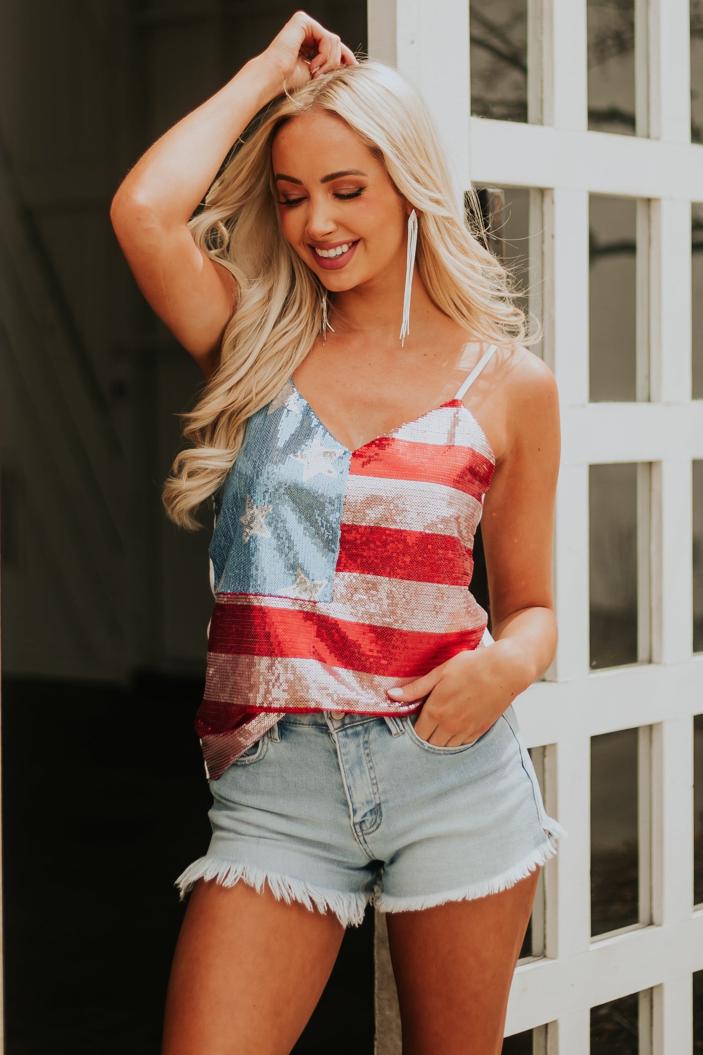 Ruby Americana Sequined V Neck Tank Top