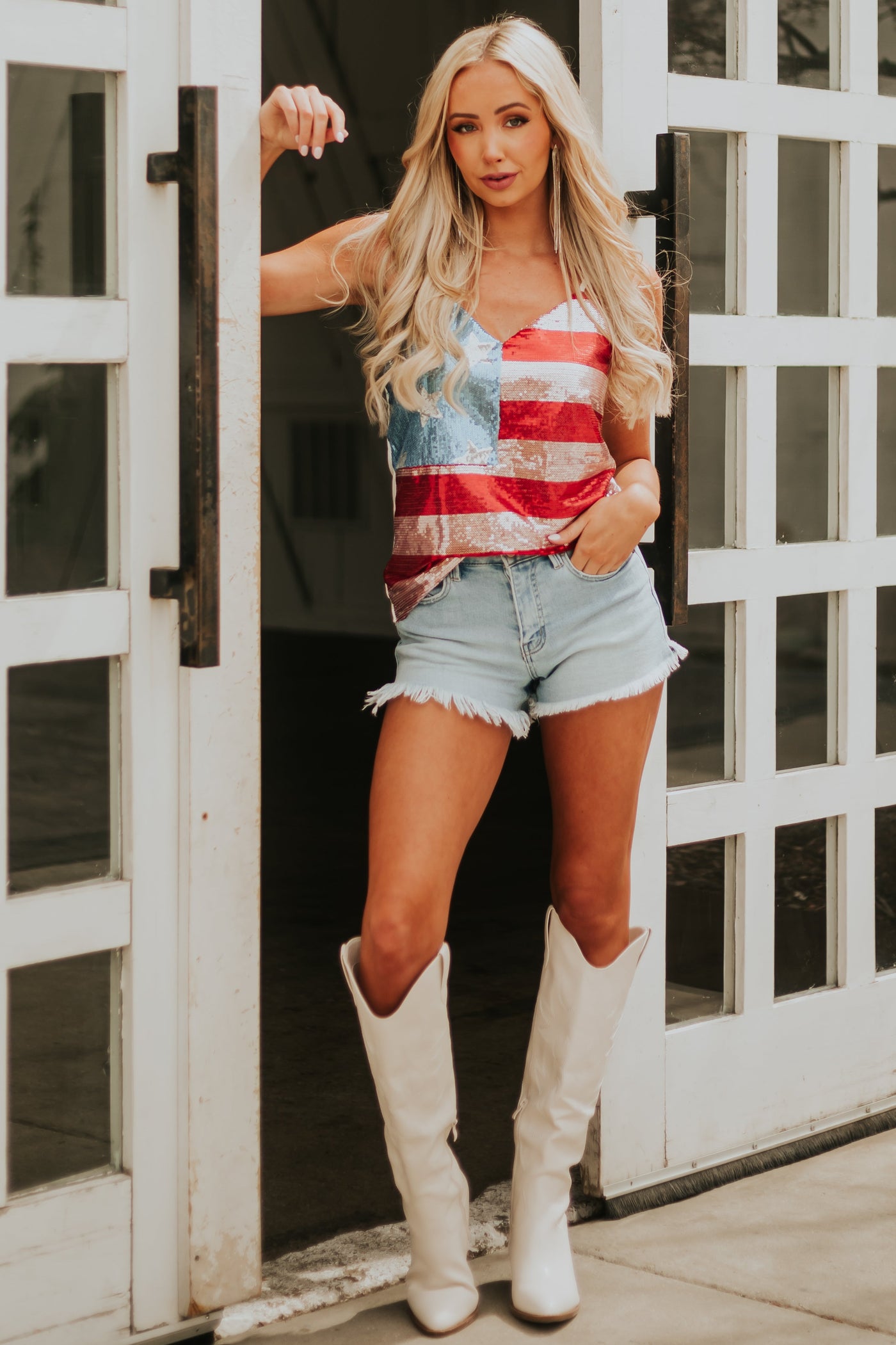 Ruby Americana Sequined V Neck Tank Top