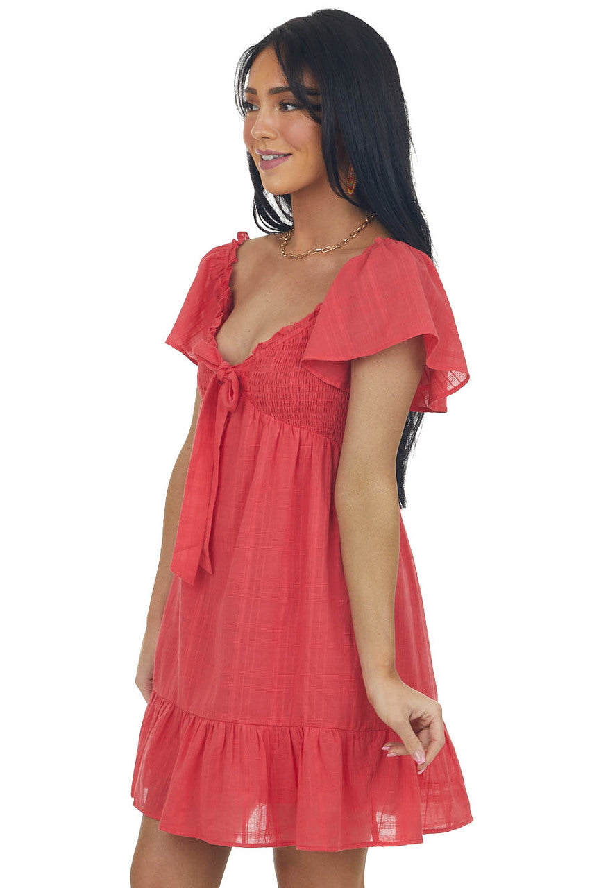 Ruby Bow Tie Smocked Babydoll Textured Dress