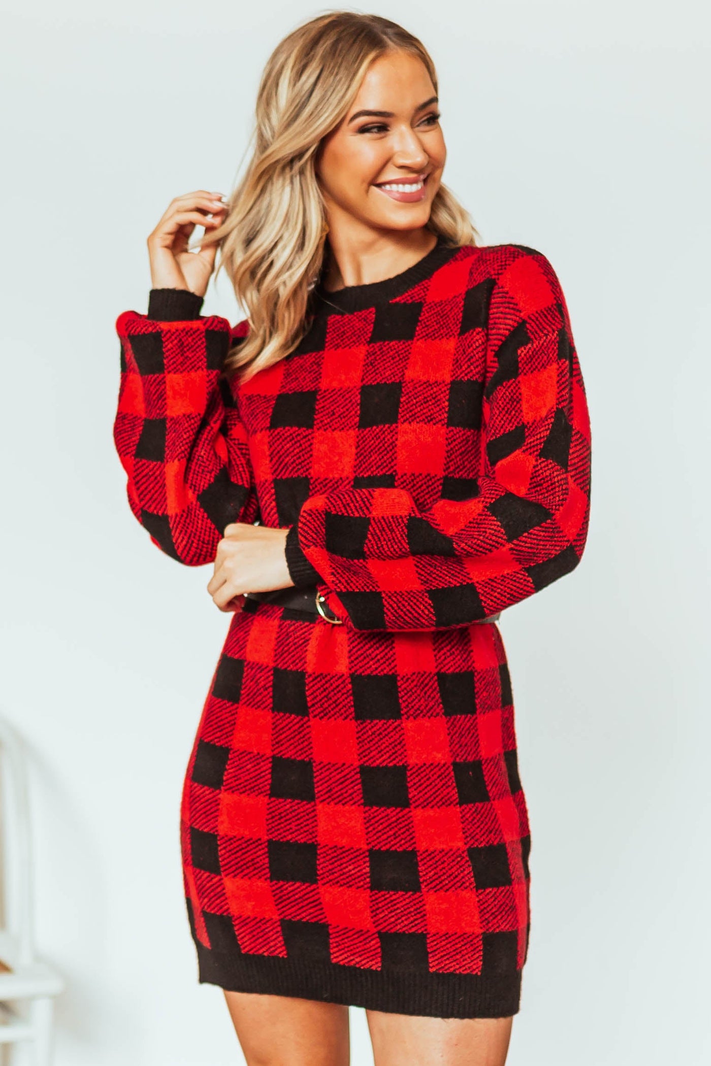 Ruby Buffalo Plaid Puff Sleeve Sweater Dress