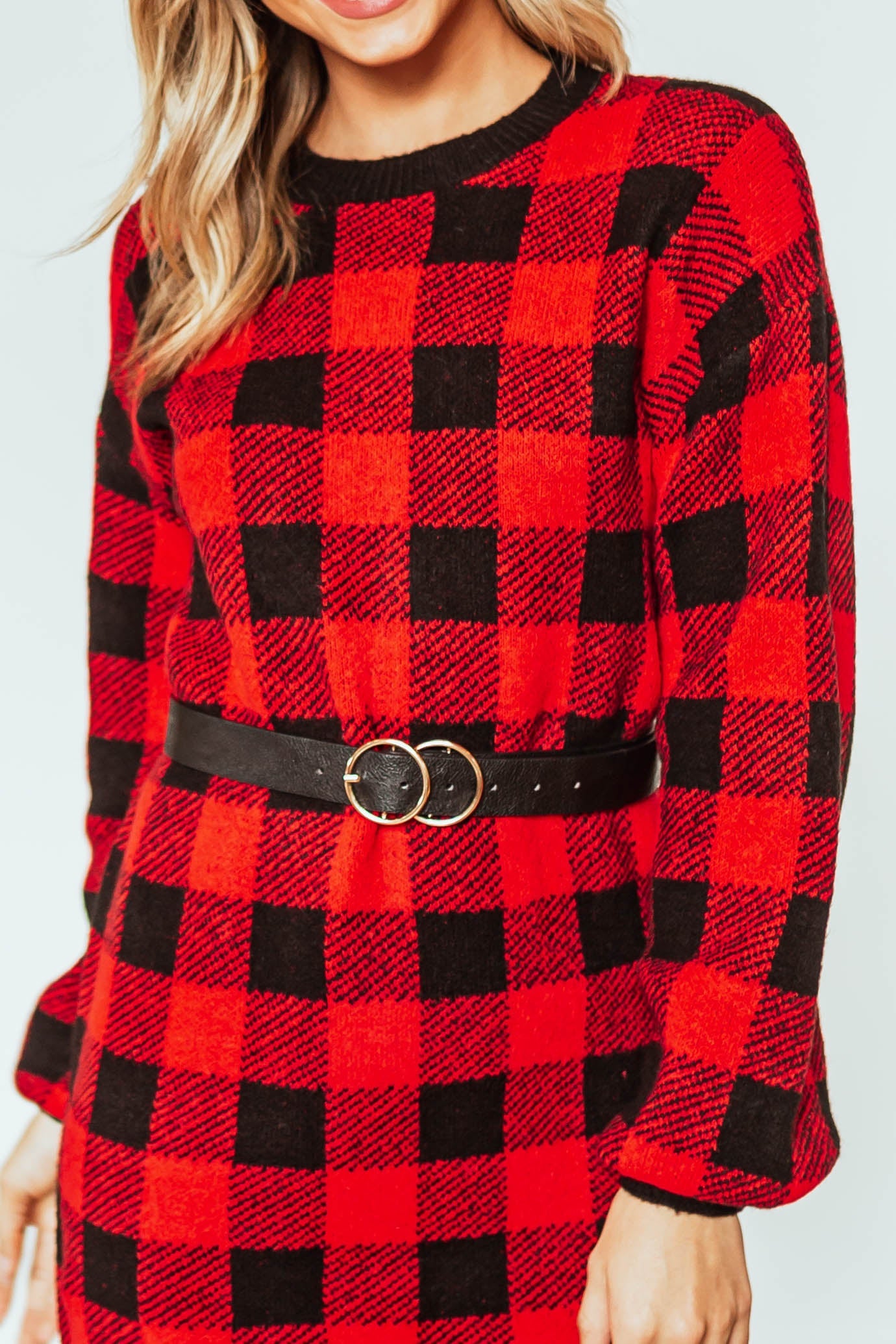 Ruby Buffalo Plaid Puff Sleeve Sweater Dress
