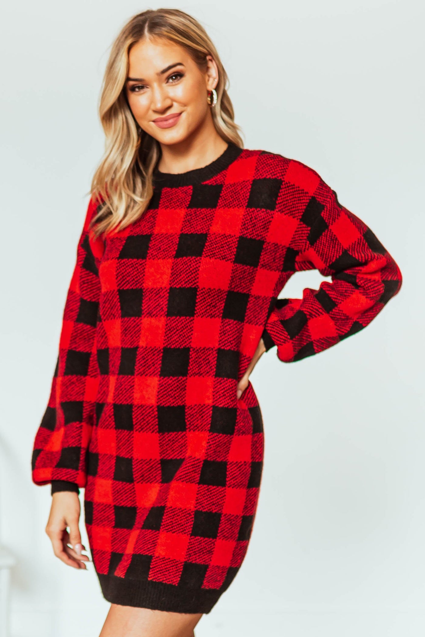 Ruby Buffalo Plaid Puff Sleeve Sweater Dress