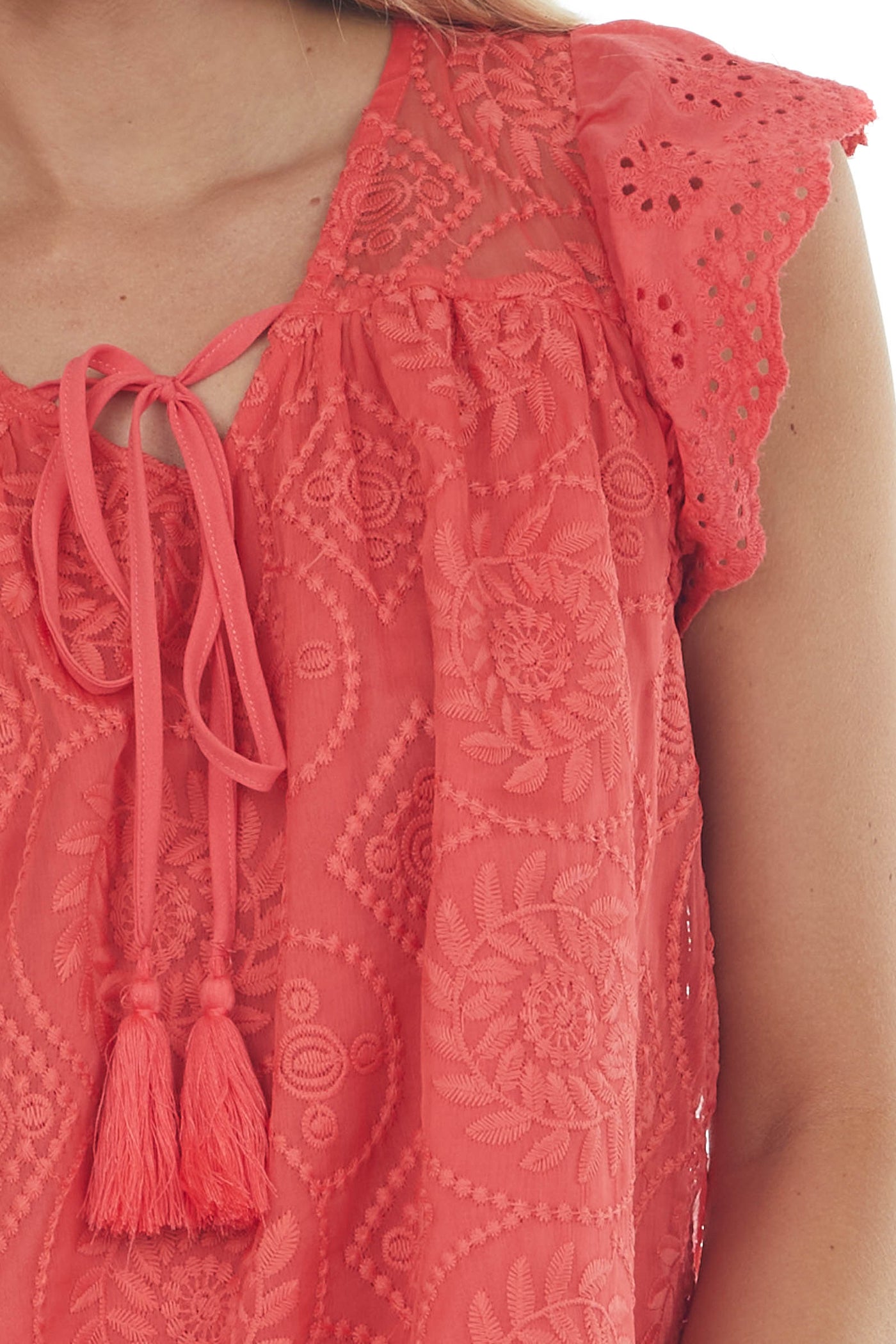 Ruby Embroidered Eyelet Sleeve Tassel Blouse