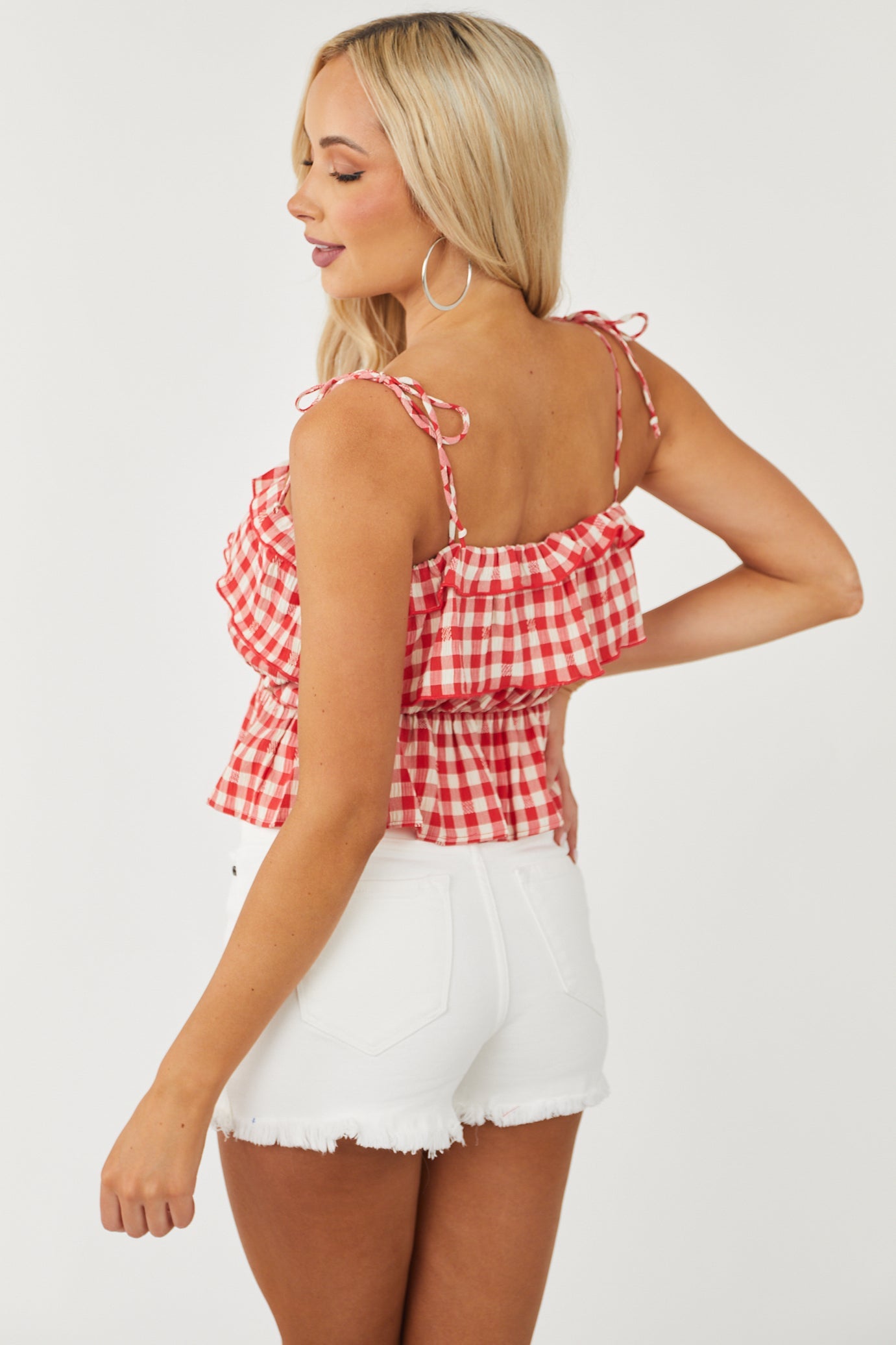 Ruby Gingham Ruffle Overlay Woven Tank Top