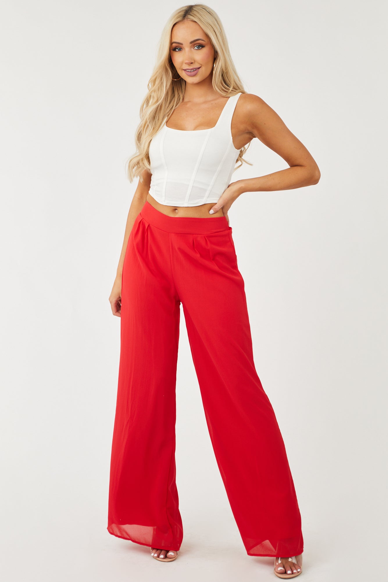 Ruby Red High Rise Woven Wide Leg Pants