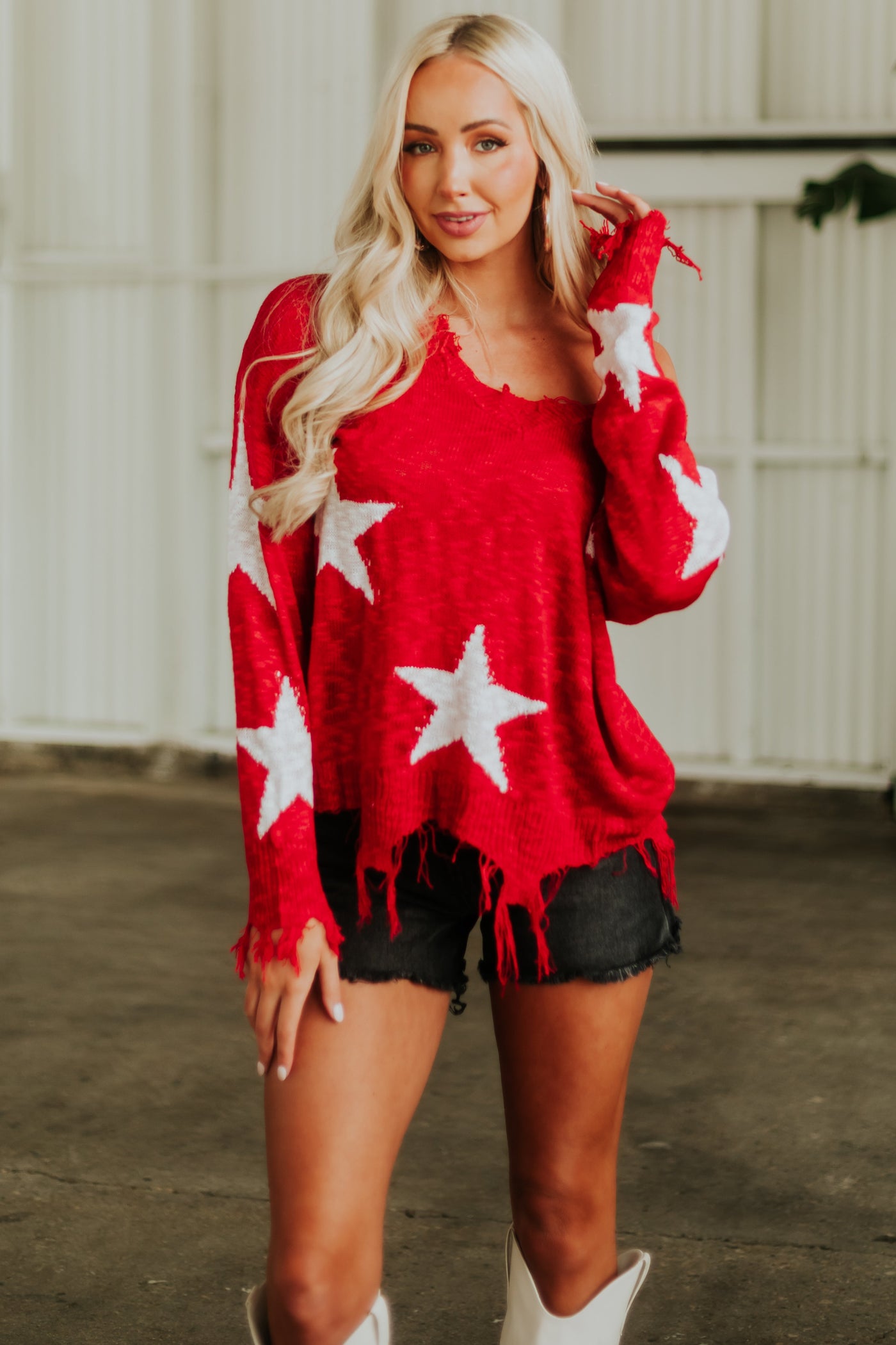 Ruby Star Print Distressed Lightweight Sweater