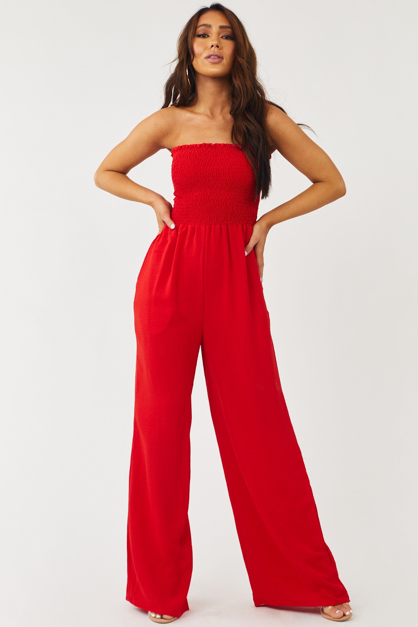 Ruby Strapless Smocked Wide Leg Woven Jumpsuit