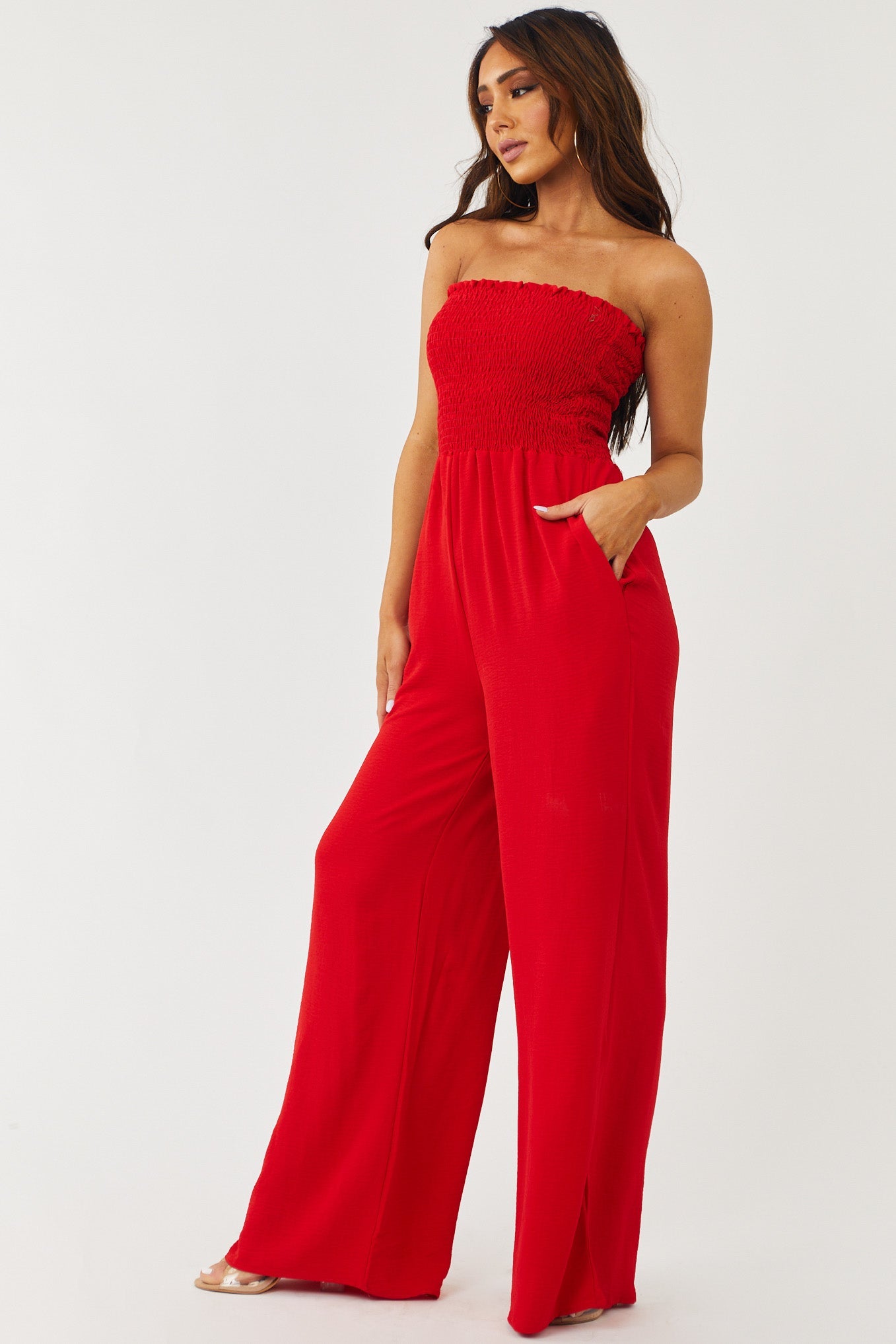 Ruby Strapless Smocked Wide Leg Woven Jumpsuit