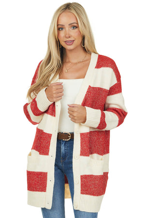 Ruby and Cream Striped Tunic Cardigan