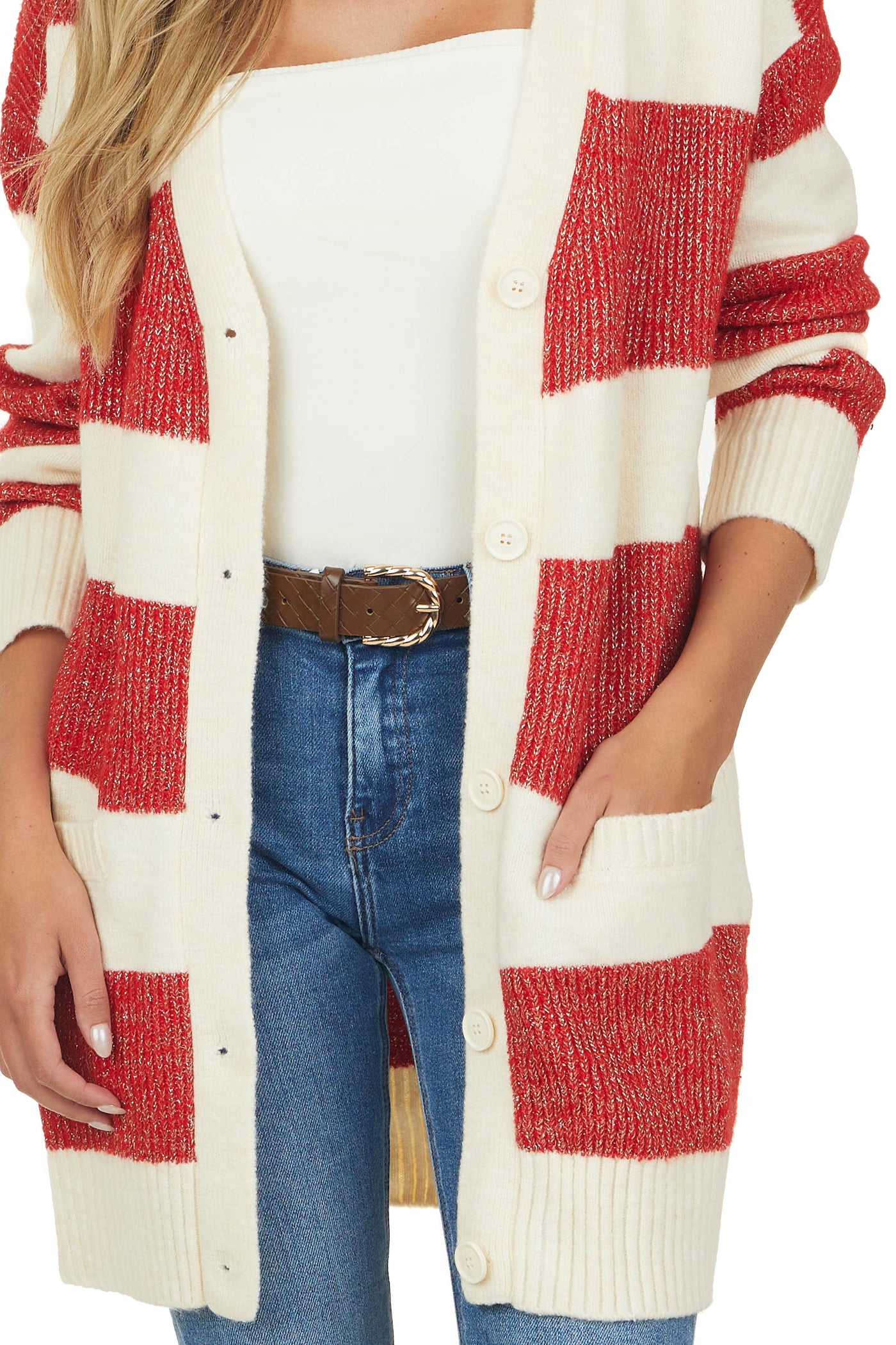 Ruby and Cream Striped Tunic Cardigan