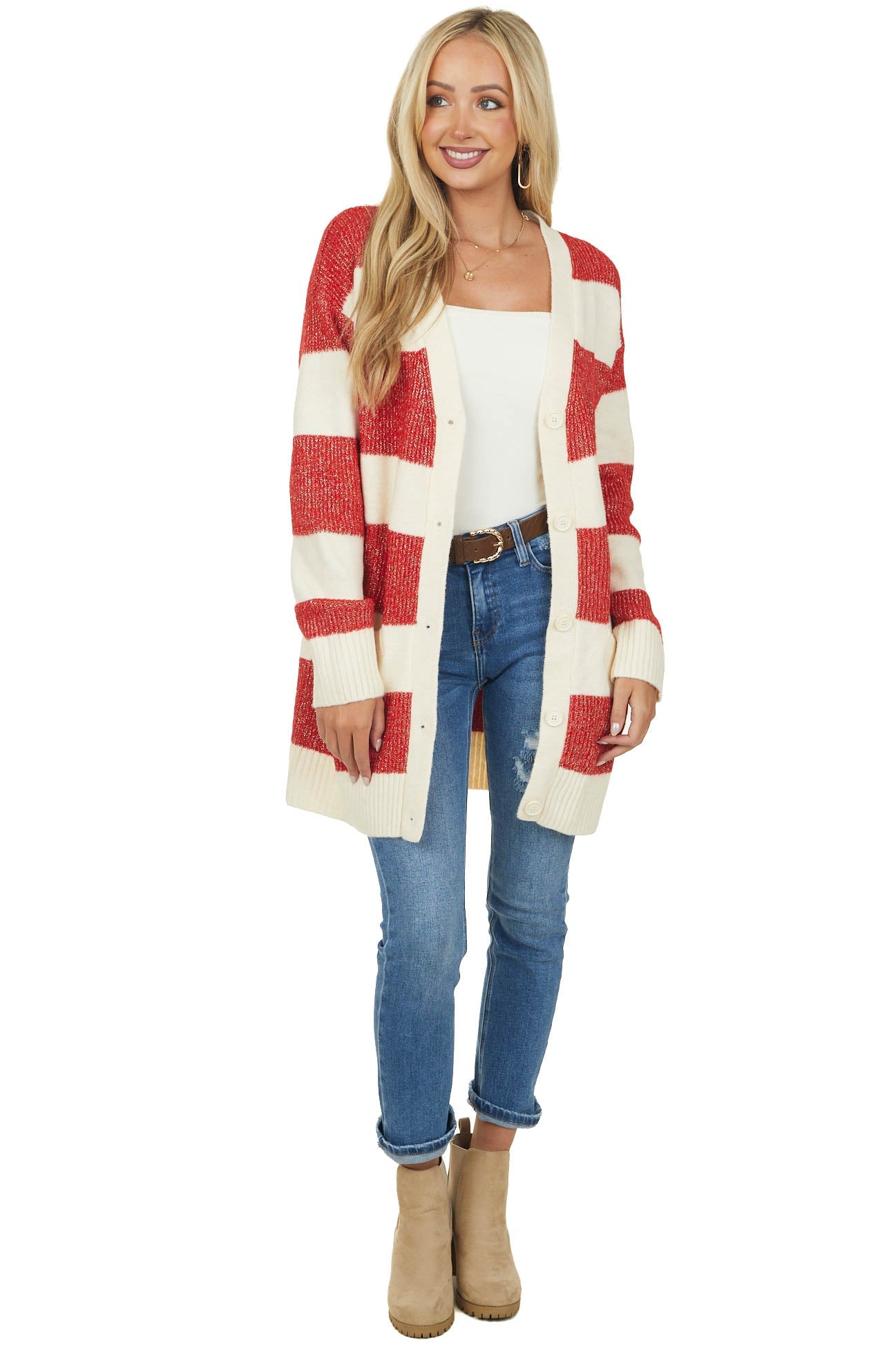 Ruby and Cream Striped Tunic Cardigan