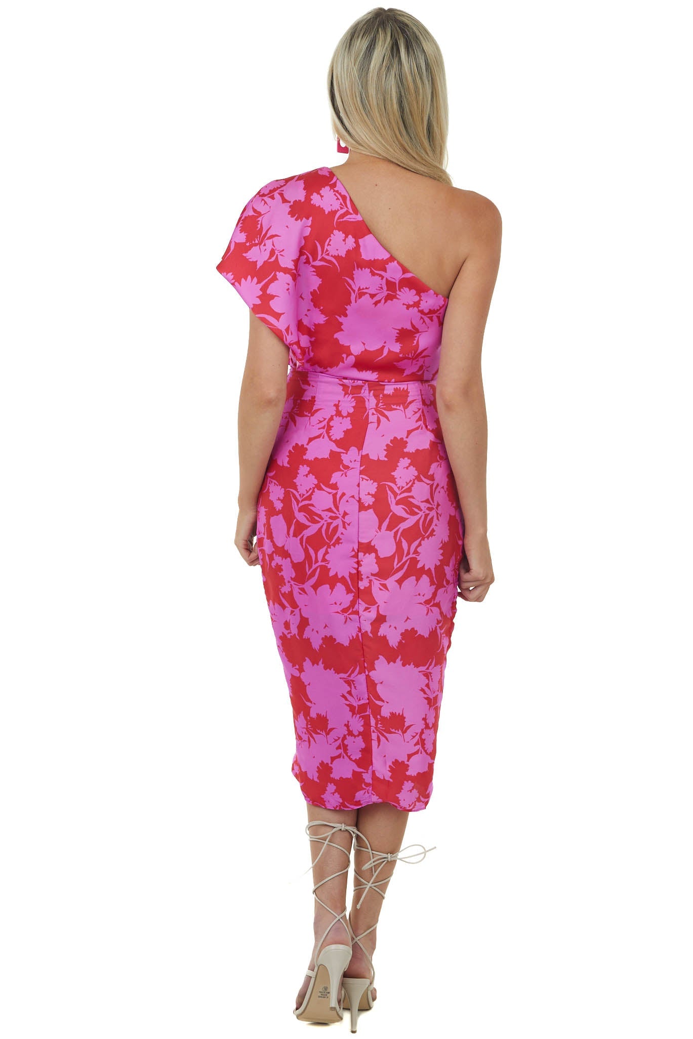 Ruby and Fuchsia Floral One Shoulder Short Woven Dress