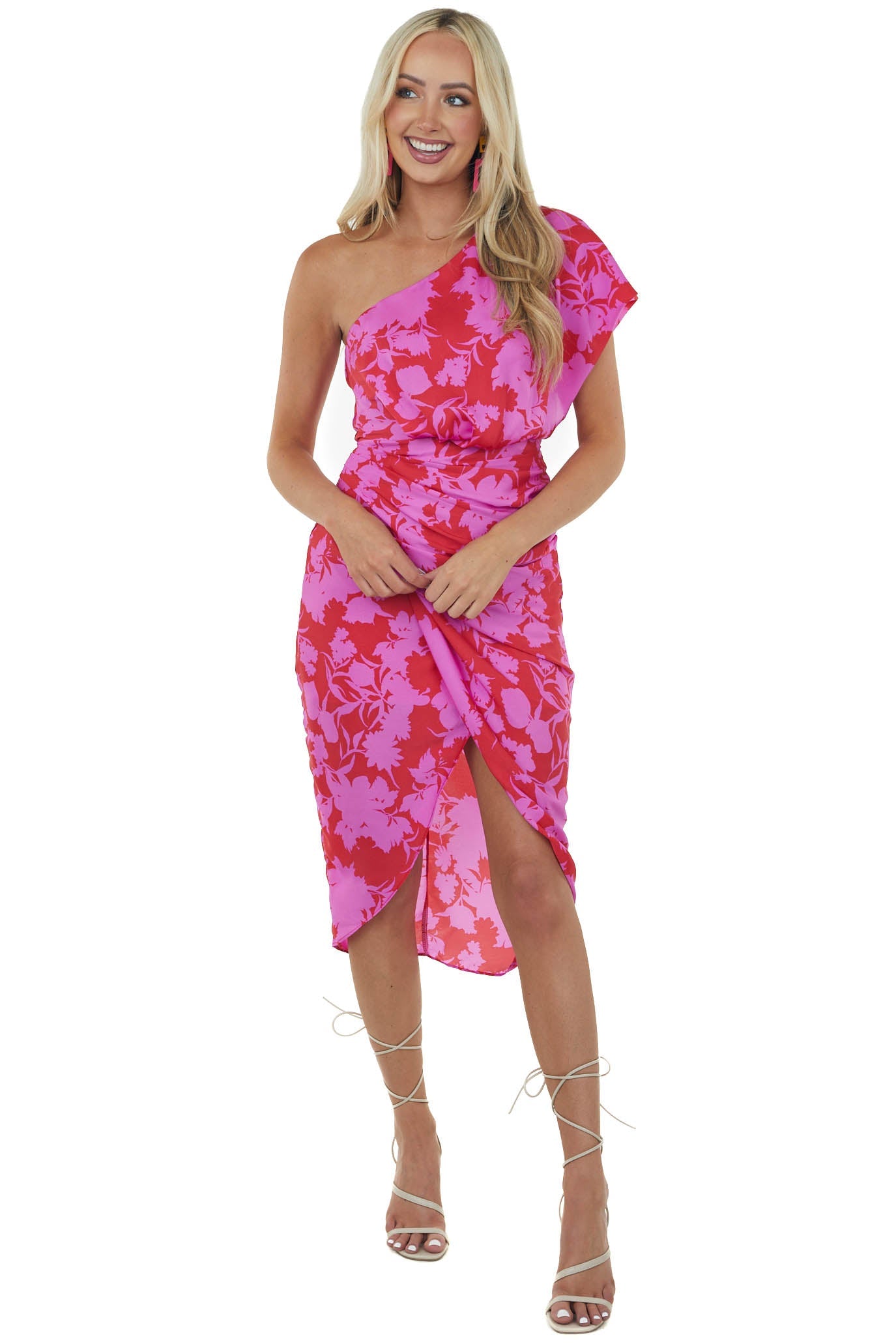 Ruby and Fuchsia Floral One Shoulder Short Woven Dress