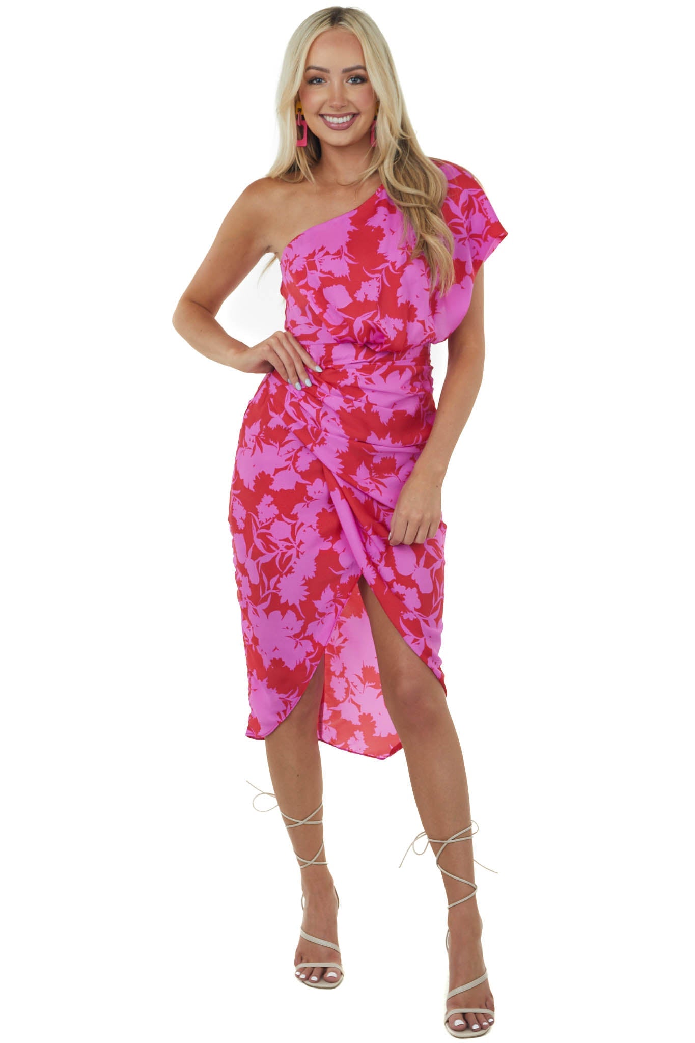 Ruby and Fuchsia Floral One Shoulder Short Woven Dress