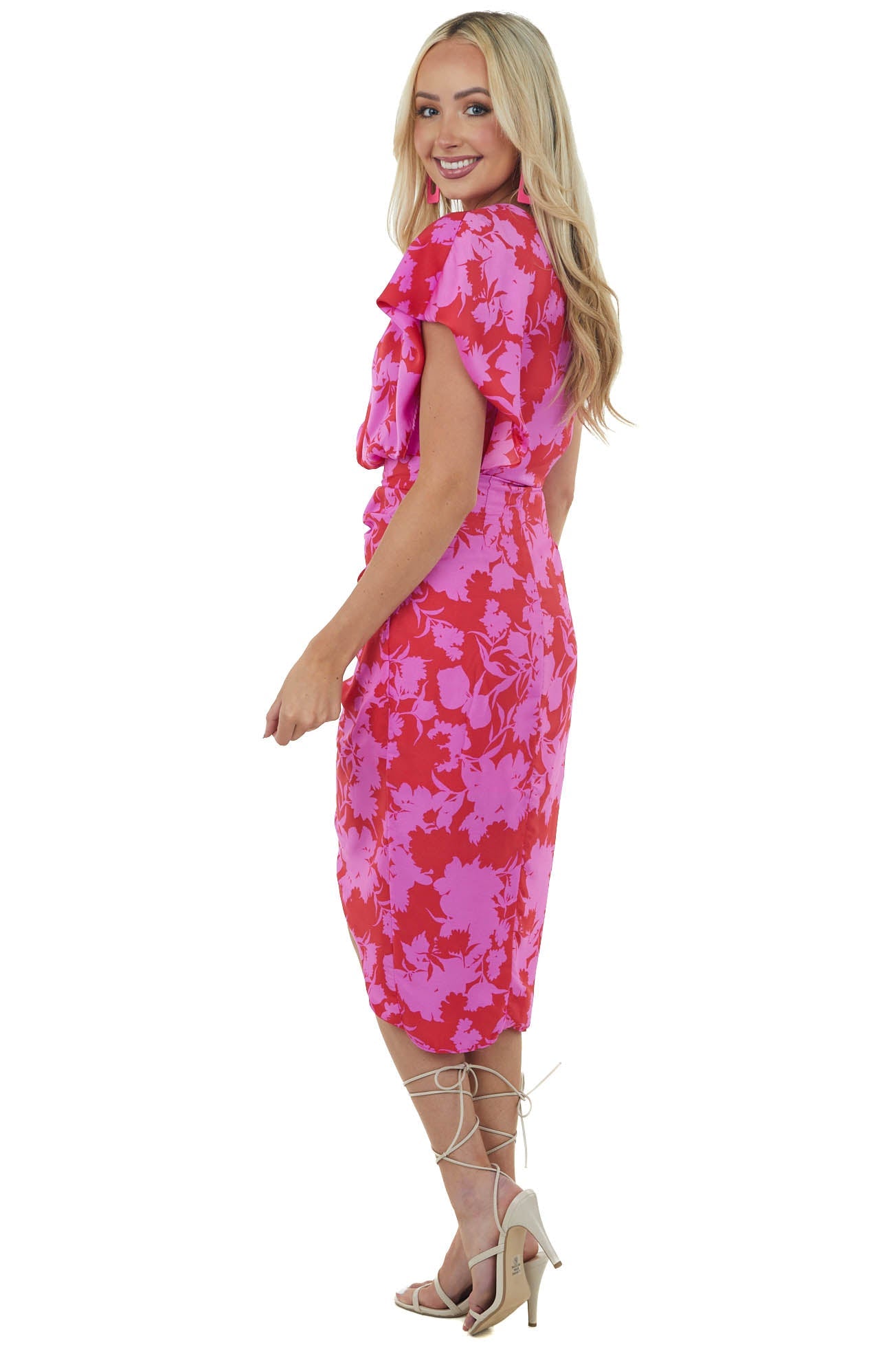 Ruby and Fuchsia Floral One Shoulder Short Woven Dress
