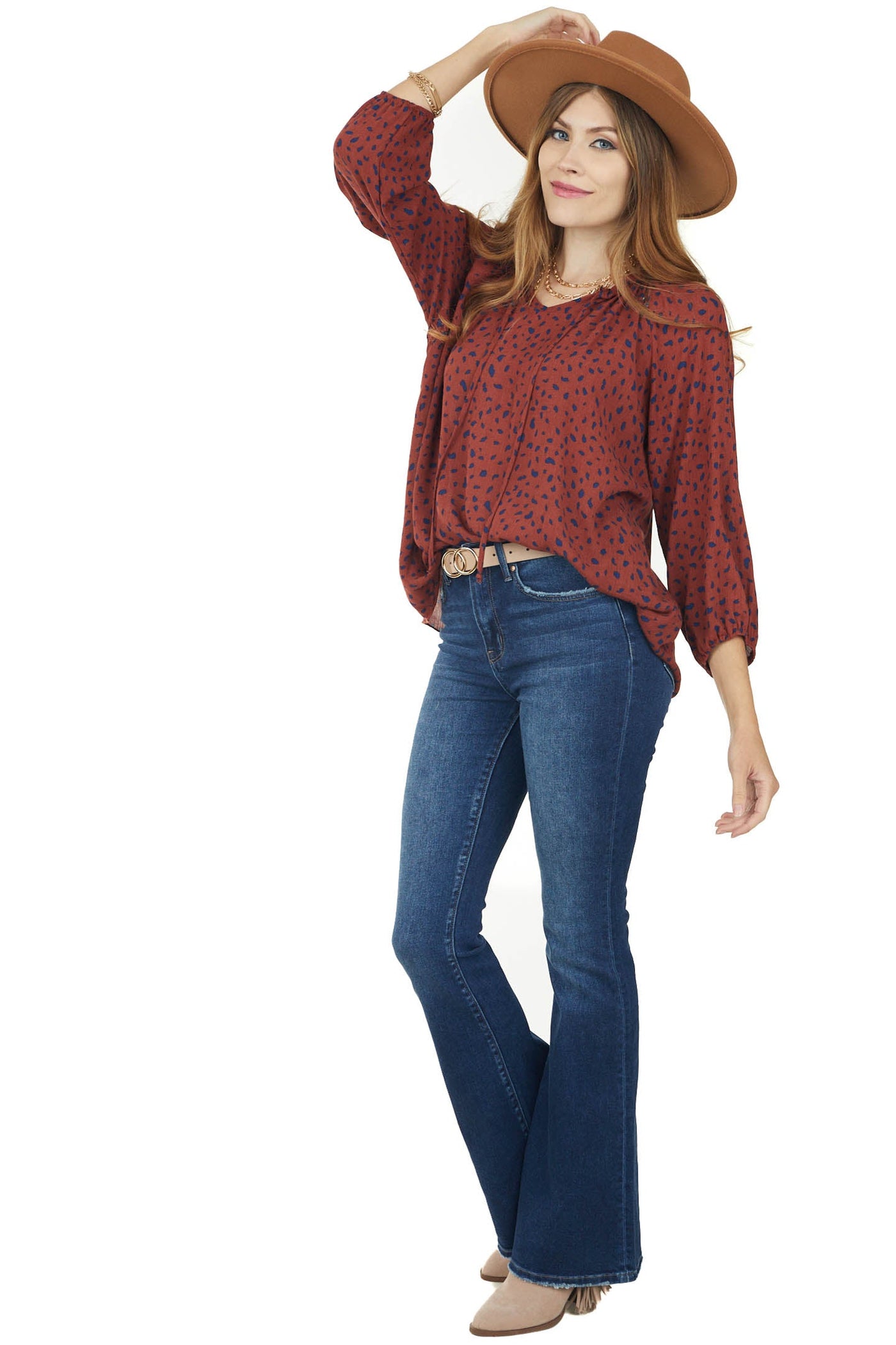 Rust Animal Print Bubble Sleeve Blouse