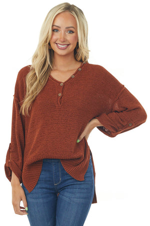 Rust Button Up Rolled Cuff Loose Knit Sweater
